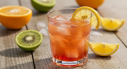 Fototapeta premium Refreshing citrus and berry drink with ice and fresh fruit garnish on wooden table