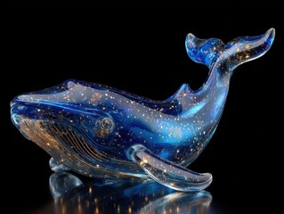 blue glass golden statue of starlight  whale isolated on black