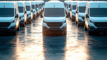 Rows of white commercial delivery vans for transporting services. Photo taken at sunset. Edited ai generated image