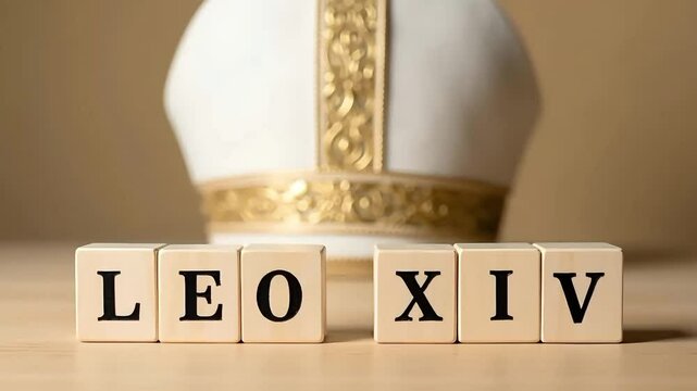 Wooden Blocks Spelling 'LEO XIV' with Mitre in Religious Product Display