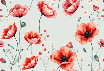 Delicate watercolor poppies & abstract plants, vintage floral seamless pattern on grey-turquoise,  illustration,  elegant
