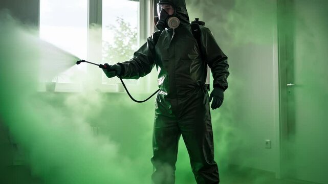 Man in hazmat suit spraying green chemical substance around room, performing disinfection or pest control activity, pollution problem. Footage.