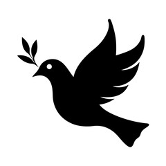 Stylized silhouette of a dove in flight holding an olive branch icon
