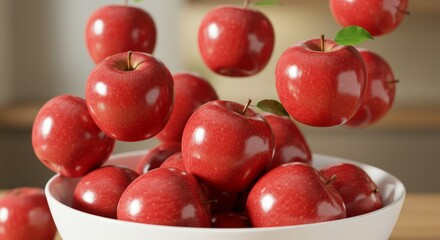 Fresh red apples in a bowl with floating apples in a kitchen setting for healthy eating concept