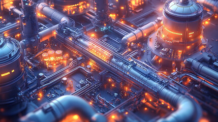 Ornate sci-fi industrial complex with intricate piping and glowing lights, rendered with a blur effect