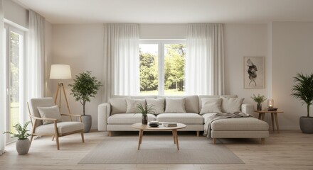 Modern minimalist living room design with neutral colors and green accents for home decor inspiration