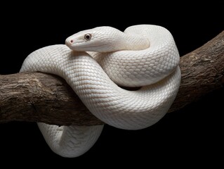 mexican white king snake hang on log isolated on black