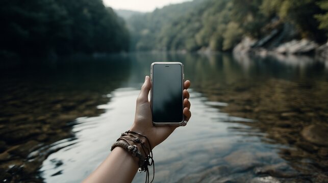 Hand holding smartphone in nature with scenic river and forested hills background - Powered by Adobe