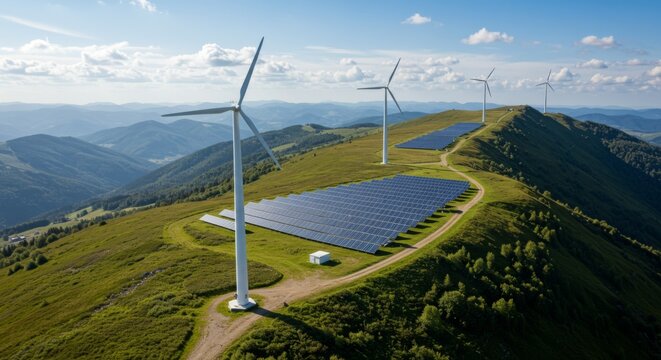 Renewable energy landscape with wind turbines and solar panels in scenic mountainous area