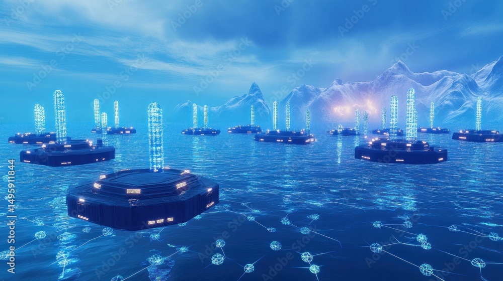 Poster futuristic floating platforms on a tranquil water surface, with crystalline structures and interconn