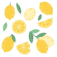 Cute vector set of lemon in yellow color. Tropical fruit slice, fresh green leaves, yellow lemons on a white background. Hand-drawn illustration