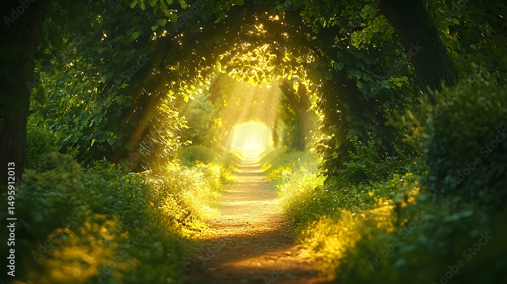 Poster sunlight streams through trees along a pathway.