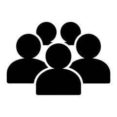 Simple black and white icon of a group of faceless people