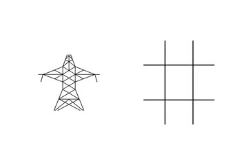 Minimalist black and white illustration depicting electricity pylon and grid symbols separately