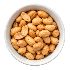 Fototapeta premium Top view of roasted shelled peanuts served in a simple white ceramic bowl. A healthy snack and natural source of protein, isolated on a transparent background