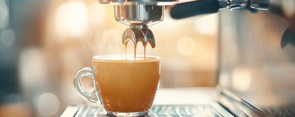 Close-up view of the process as coffee machine pouring espresso. Hot drink concept.