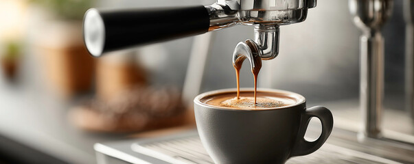 Close-up view of the process as coffee machine pouring espresso. Hot drink concept.