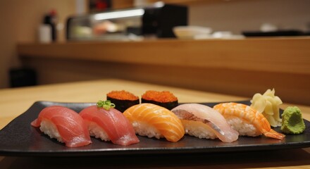 Assorted Sushi Nigiri Platter on Black Plate Ready to Eat