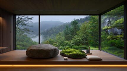 Tranquil mountain vista from modern zen space