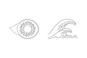 Simple black and white illustration of a kiwi fruit slice and coastal ocean waves