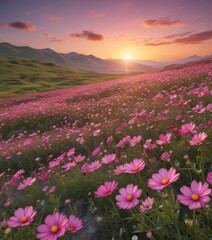 Obraz premium Rolling hills of pink cosmos flowers at sunset, image, flower field