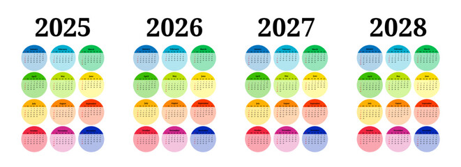 Set of calendars for 2025, 2026, 2027 and 2028 on a white background