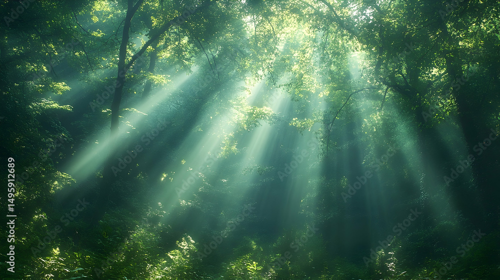 Poster sunlight filtering through a misty forest.