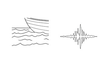 Minimalist line art of a boat on water and a waveform sound visualization