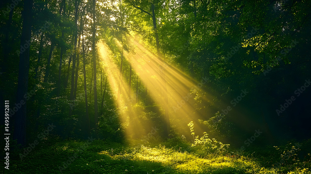Poster sunlight streams through a dense forest.