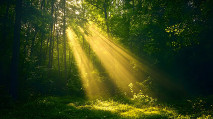 Obraz premium Sunlight streams through a dense forest.