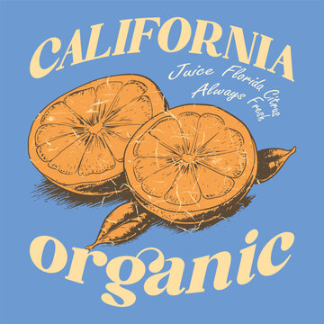 Orange graphic print design, summer fruit design , vintage grunge food fashion orange art, typography slogan text print design, California Malibu, fruit print graphics for t-shirt Design