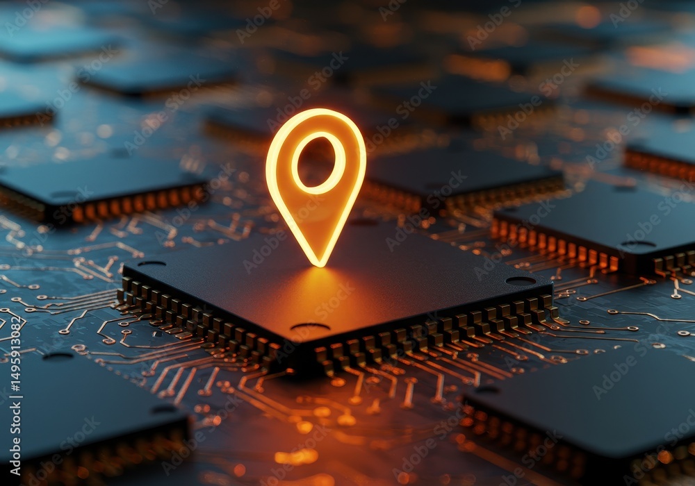 Poster glowing location pin on a computer chip showing technology concept
