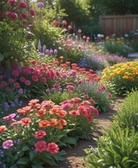 Vibrant summer blooms nestled in a freshly tilled garden bed ,  home garden,  petals