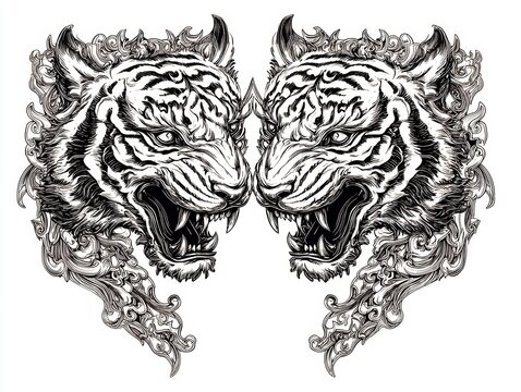 thai double tiger tattoo style black line art