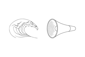 Conceptual illustration of a loudspeaker and a wave against a white background