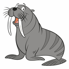 Obraz premium Сartoon funny walrus isolated on white background. Vector illustration .Side view.