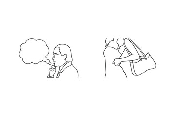 Contemplation and shopping illustration depicting a thoughtful gentleman and a carrying a bag person