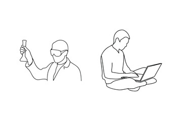 Scientist and programmer work together in line art style research and technology concept