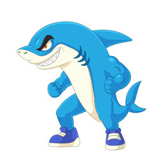 Angry blue shark cartoon wearing shoes