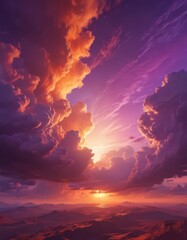Fiery orange and purple clouds blaze across a vast, vibrant sky , fiery, shine