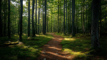 Fototapeta premium Sunlit woodland path through tall trees.