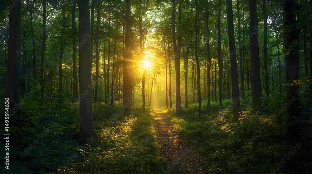 Poster sunlight streams through a dense forest.