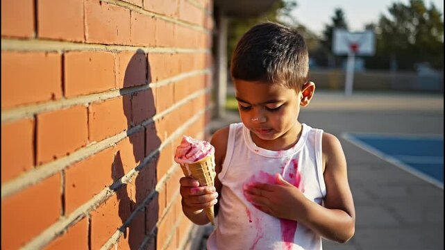 A child immersed in the joy of ice cream, with an inevitable stain soon to be wiped away&mdash;a candid glimpse into childhood.