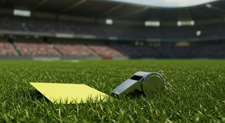 Whistle and yellow card on green soccer field