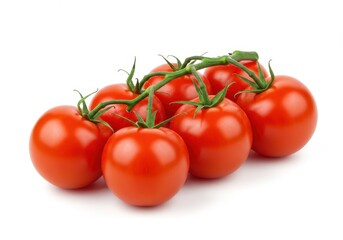 Fresh tomatoes on the vine isolated on white background, vibrant red