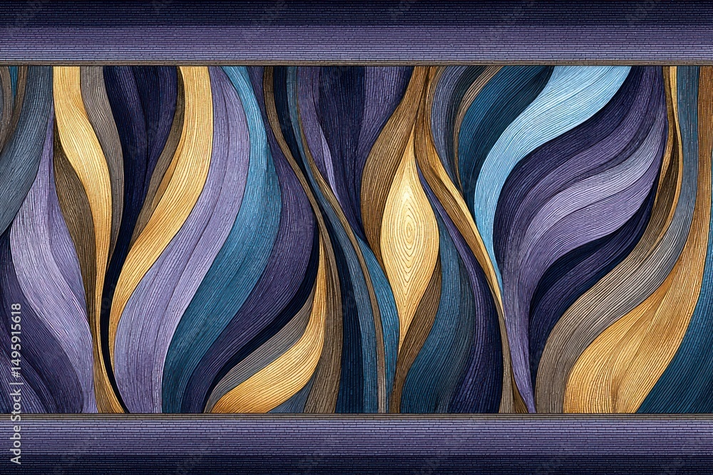 Poster vibrant wavy patterns of gold, blue, and purple create a dynamic modern abstract art display