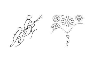 Illustration of teamwork overcoming obstacles and reaching success represented by flowers.