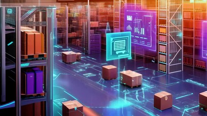 A futuristic warehouse with cardboard boxes and a hightech digital interface on the floor enhancing operations - Powered by Adobe