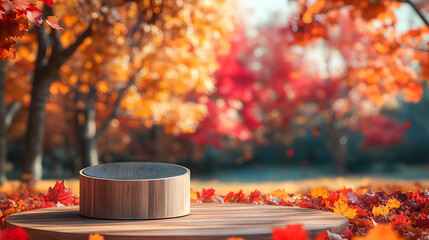 Wooden pedestal in an autumnal park scene.