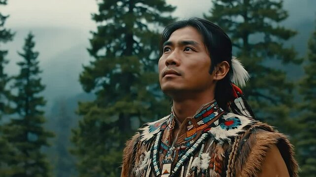 Indigenous man wearing traditional clothes looking up in a forest